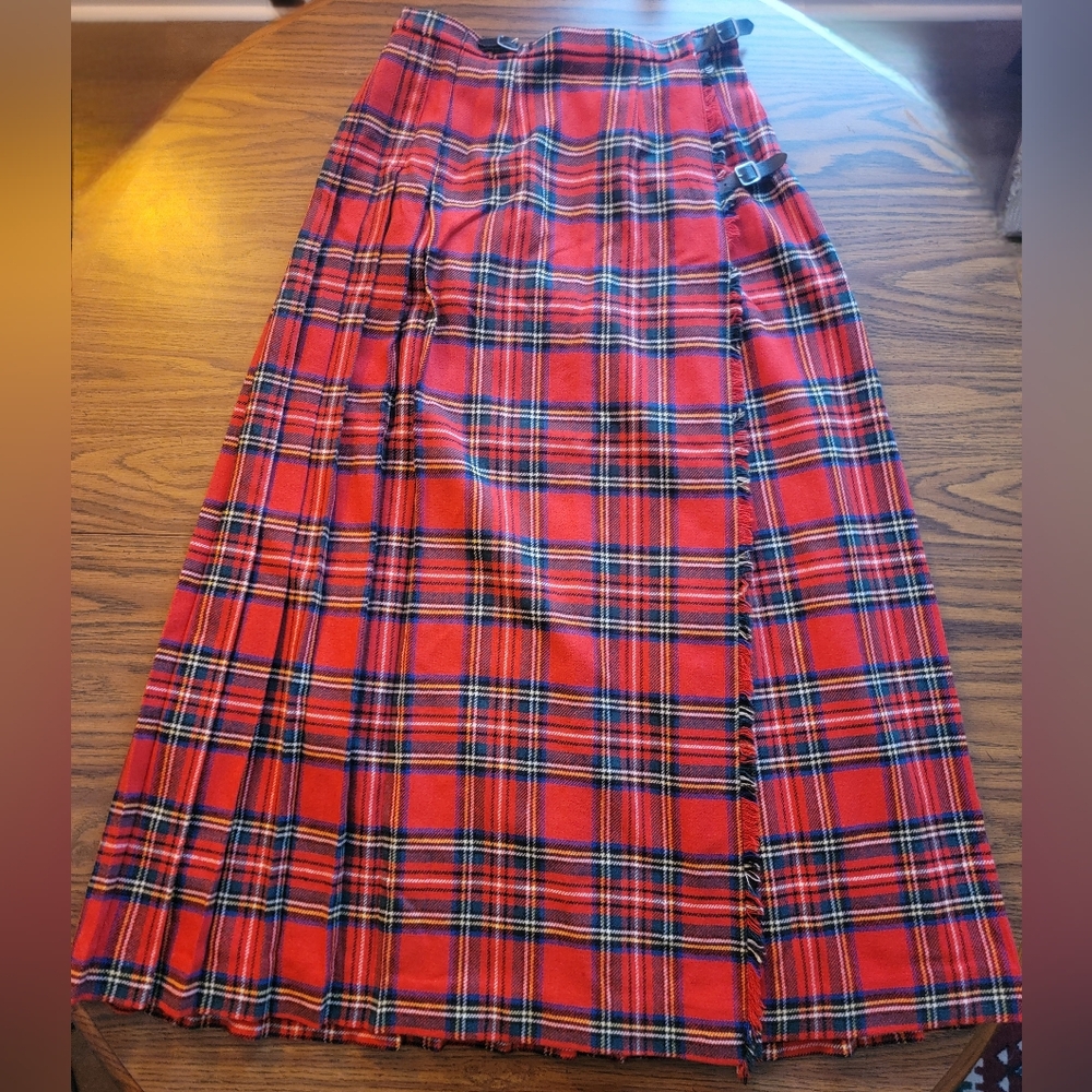 Long Red Stewart Plaid Kilt or Skirt - Waist Size 26"